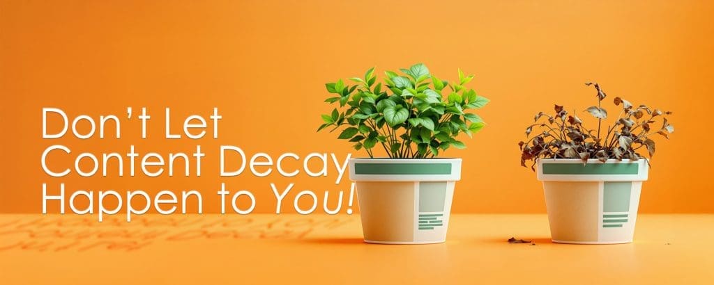 Two plant pots representing content decay—one thriving with fresh leaves and the other withered, symbolizing the decline in content performance. Don’t let content decay, traffic drops, and outdated SEO strategies affect your results.