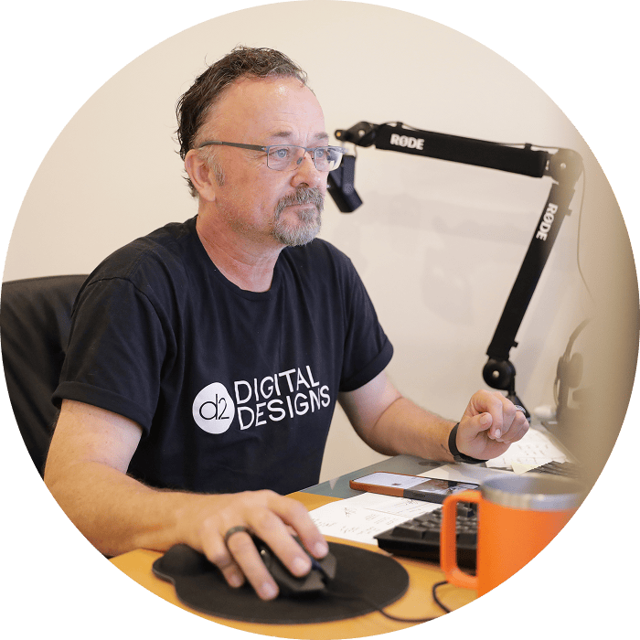 D2 team member recording a podcast